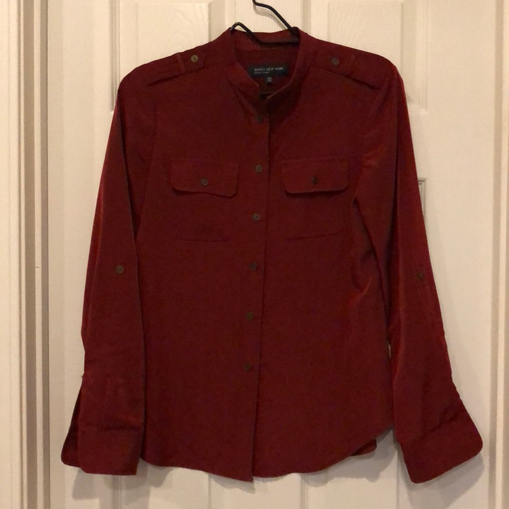 Sz S, Jone NY red button-down, long sleeve blouse